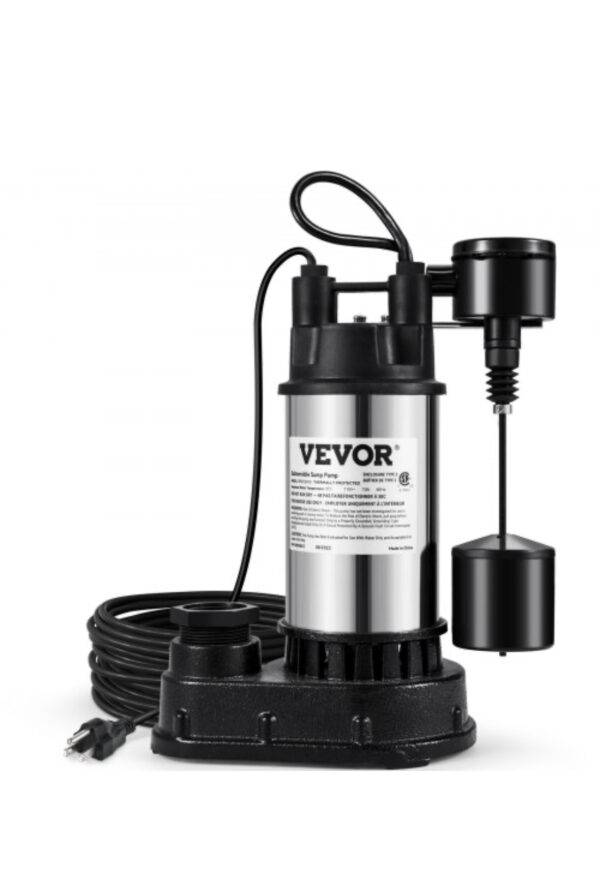 VEVOR Sump Pump, 1.5 HP 6000 GPH, Submersible Cast Iron and Stainless Steel Water Pump, 1-1/2" Discharge With 1-1/4" Adaptor, Automatic Vertical Float Switch, for Indoor Basement Water Basin