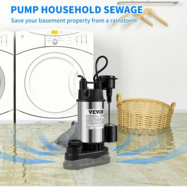 VEVOR Sump Pump, 1.5 HP 6000 GPH, Submersible Cast Iron and Stainless Steel Water Pump, 1-1/2" Discharge With 1-1/4" Adaptor, Automatic Vertical Float Switch, for Indoor Basement Water Basin - Image 2