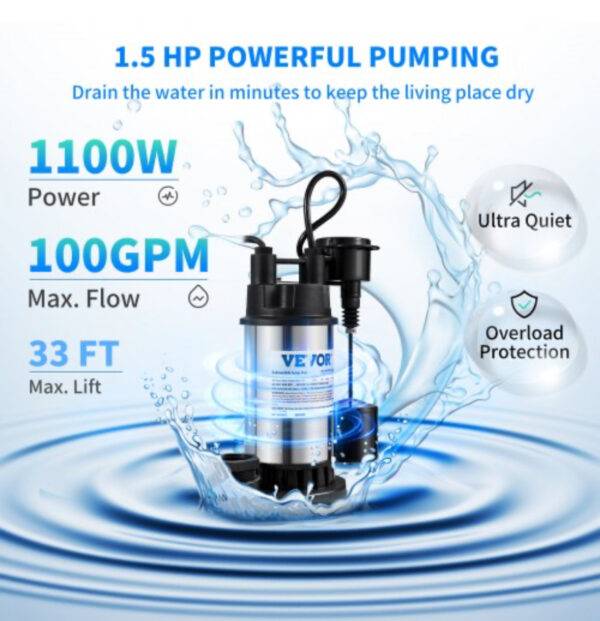 VEVOR Sump Pump, 1.5 HP 6000 GPH, Submersible Cast Iron and Stainless Steel Water Pump, 1-1/2" Discharge With 1-1/4" Adaptor, Automatic Vertical Float Switch, for Indoor Basement Water Basin