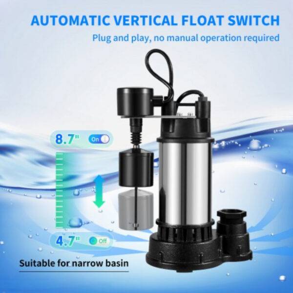 VEVOR Sump Pump, 1.5 HP 6000 GPH, Submersible Cast Iron and Stainless Steel Water Pump, 1-1/2" Discharge With 1-1/4" Adaptor, Automatic Vertical Float Switch, for Indoor Basement Water Basin - Image 5