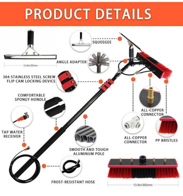 Solar Panel Cleaning Brush & Squeegee with Inline Water Filter System, Water Fed Pole Kit with Telescopic Pole,for Photovoltaic and Solar Panel Glass Window Roof,36FT(10.8M)