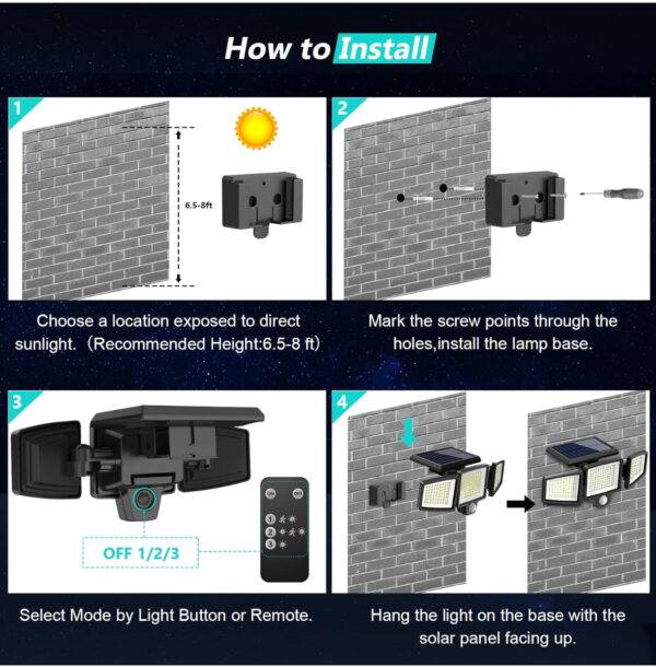Solar Outdoor Lights 2500LM 210 LED Security Lights with Remote Control,3 Heads Motion Sensor Lights, IP65 Waterproof,270° Wide Angle Flood Wall Lights with 3 Modes(3 Packs) - Image 3