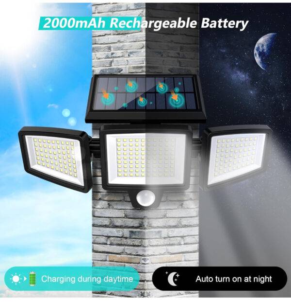 Solar Outdoor Lights 2500LM 210 LED Security Lights with Remote Control,3 Heads Motion Sensor Lights, IP65 Waterproof,270° Wide Angle Flood Wall Lights with 3 Modes(3 Packs) - Image 5