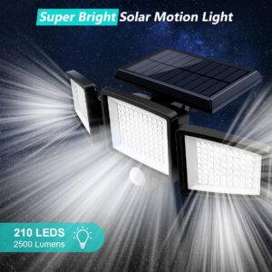 Solar Outdoor Lights 2500LM 210 LED Security Lights with Remote Control,3 Heads Motion Sensor Lights, IP65 Waterproof,270° Wide Angle Flood Wall Lights with 3 Modes(3 Packs)
