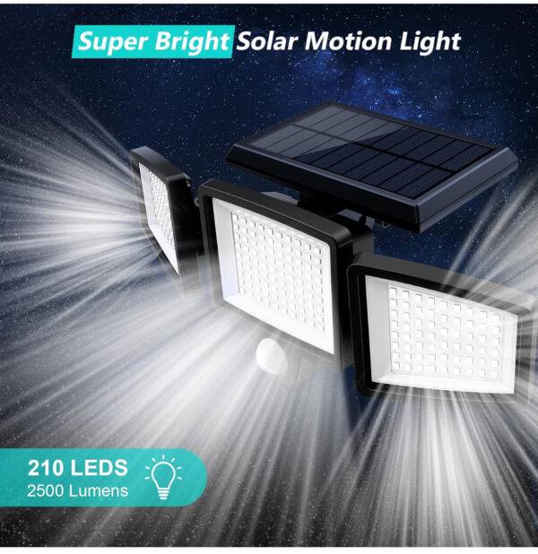 Solar Outdoor Lights 2500LM 210 LED Security Lights with Remote Control,3 Heads Motion Sensor Lights, IP65 Waterproof,270° Wide Angle Flood Wall Lights with 3 Modes(3 Packs)